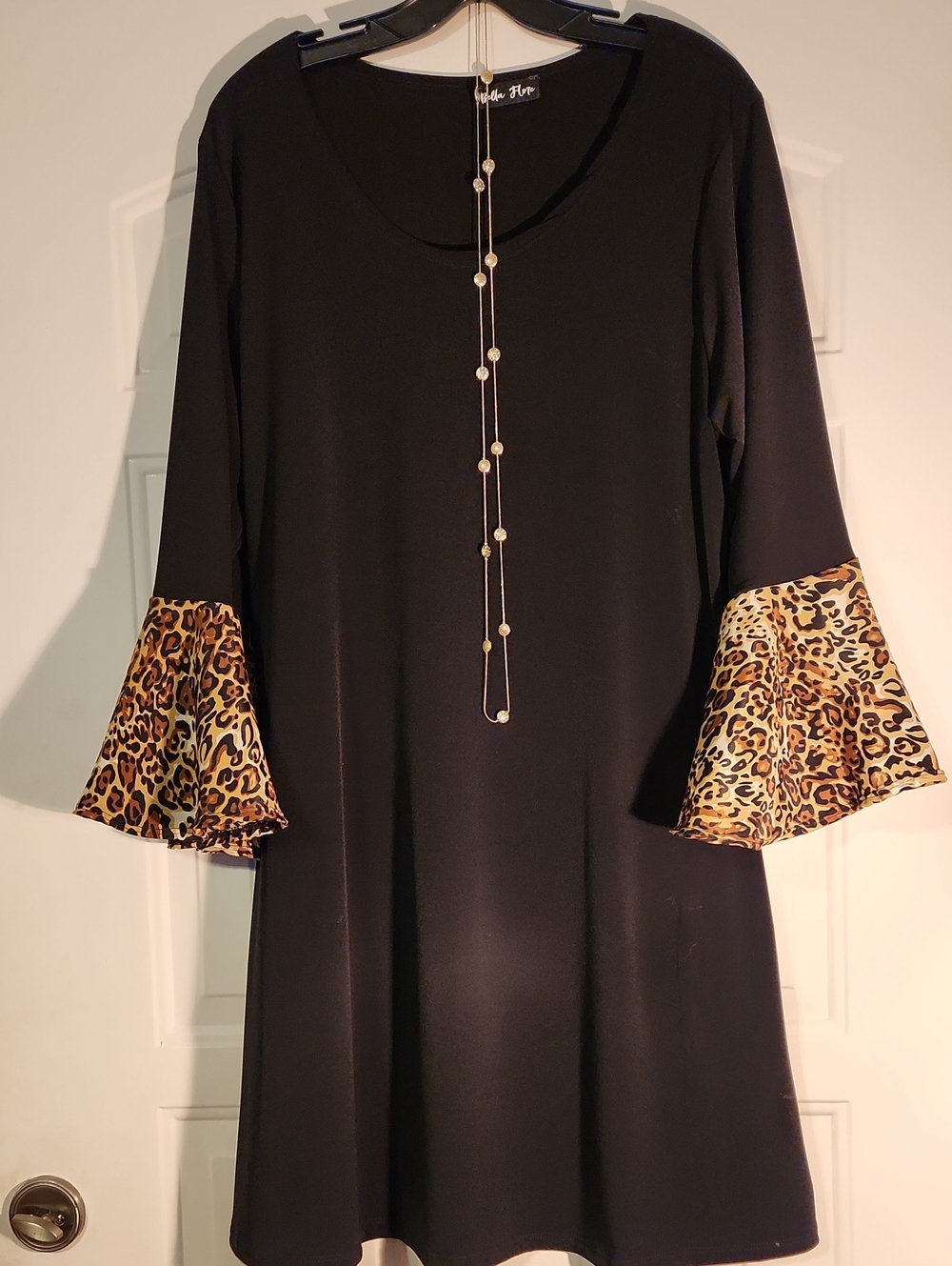 Black Dress with Leopard Bell Sleeves - Women's Dress